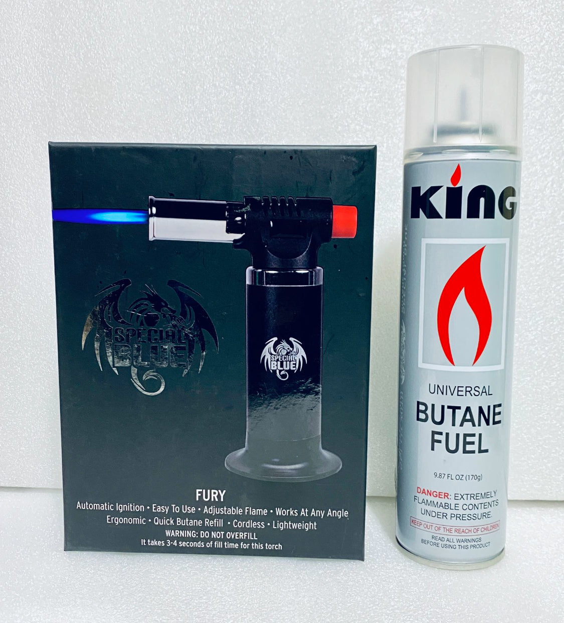 new open box - special blue fury butane torch & king universal 9.87 fl. oz. fuel