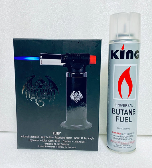new open box - special blue fury butane torch & king universal 9.87 fl. oz. fuel