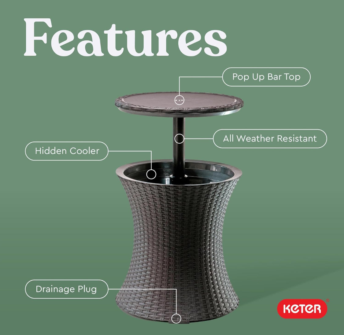 New Other Keter Pacific Cool Bar Outdoor Side Table W/ 7.5 Gallon Cooler, Brown