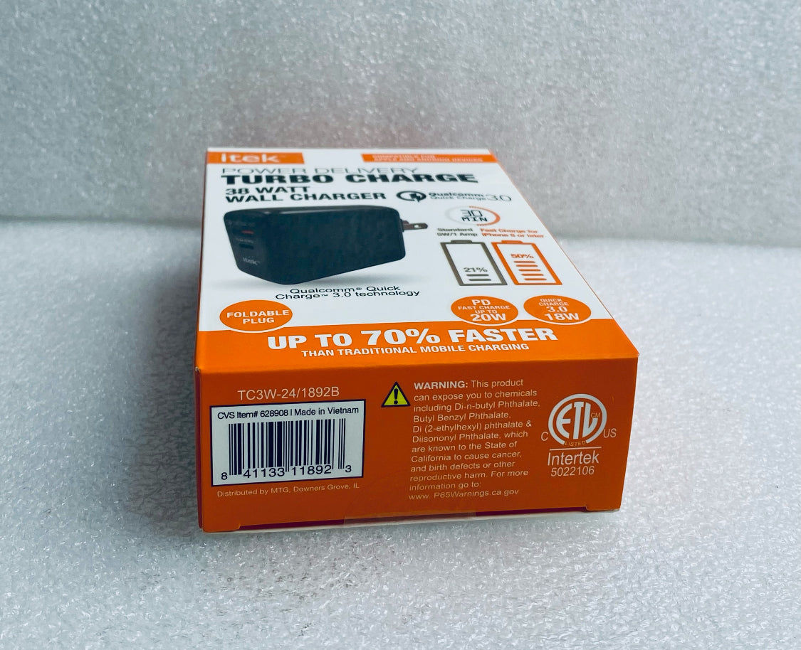 New Itek Power Delivery Turbo Charge 38 Watt Wall Charger Black