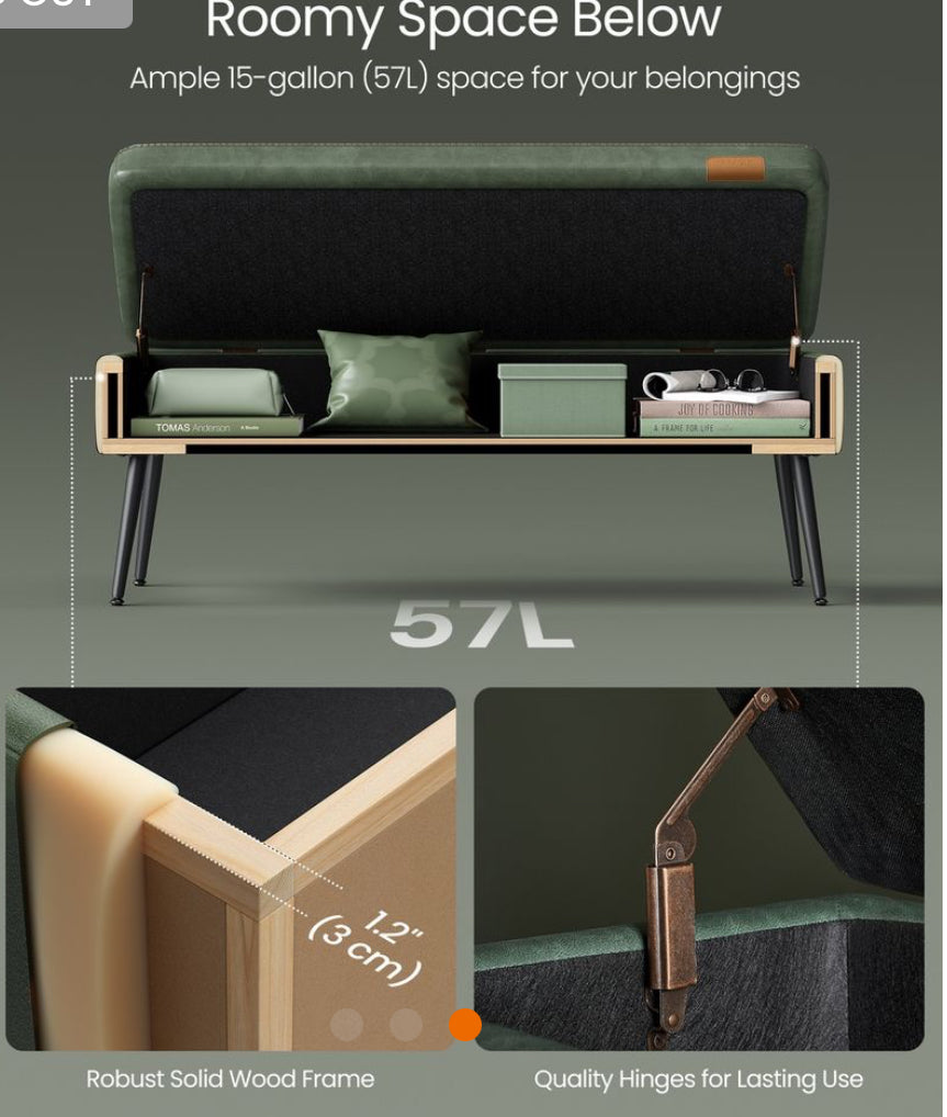 New Open Box VASAGLE Storage Ottoman Bench With Steel Legs, Forest Green