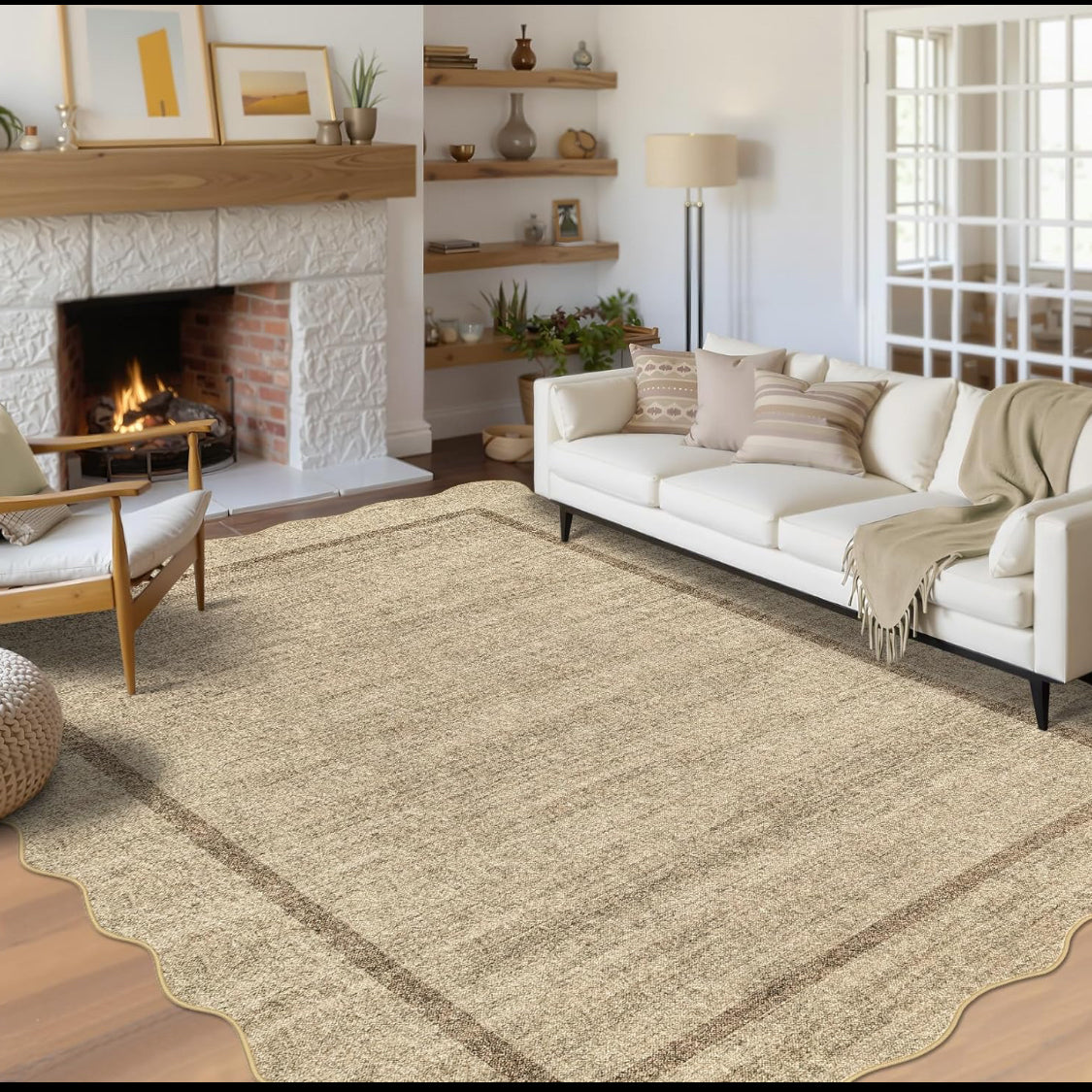 New GarveeHome Scalloped Modern Non Slip & Washable 9’ x 12’ Area Rug, Jute