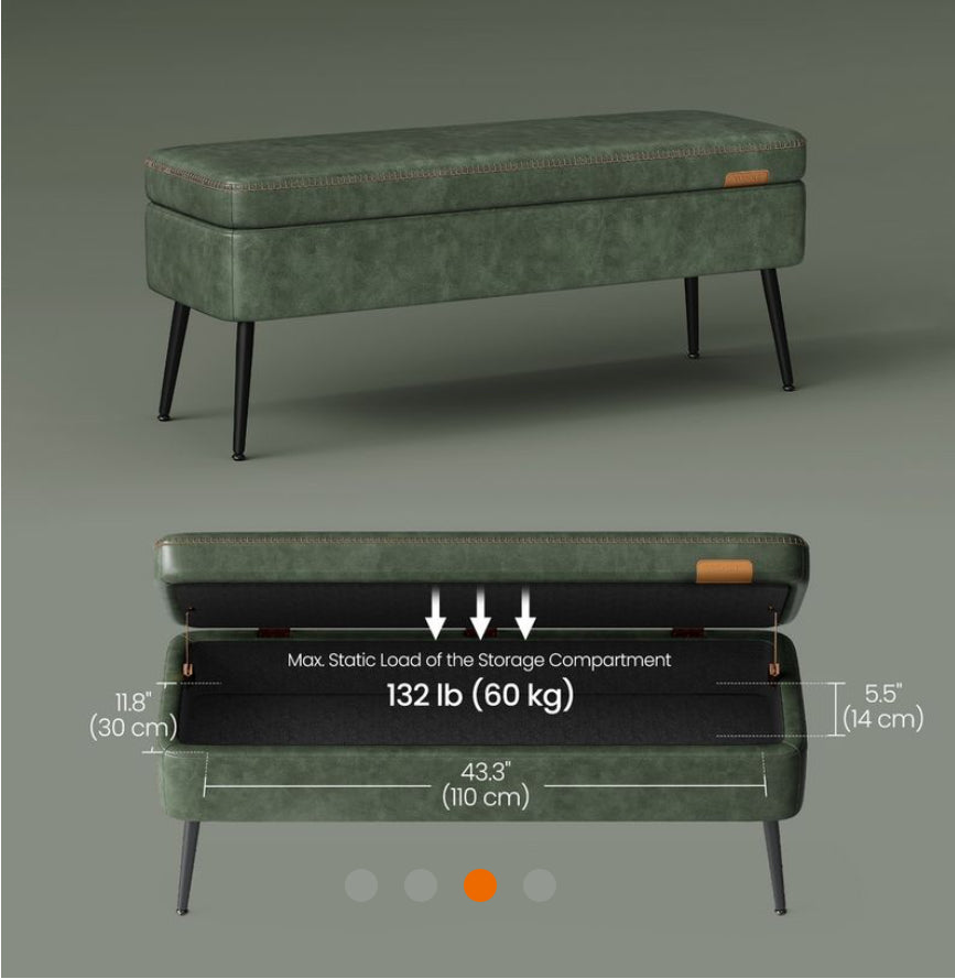 New Open Box VASAGLE Storage Ottoman Bench With Steel Legs, Forest Green