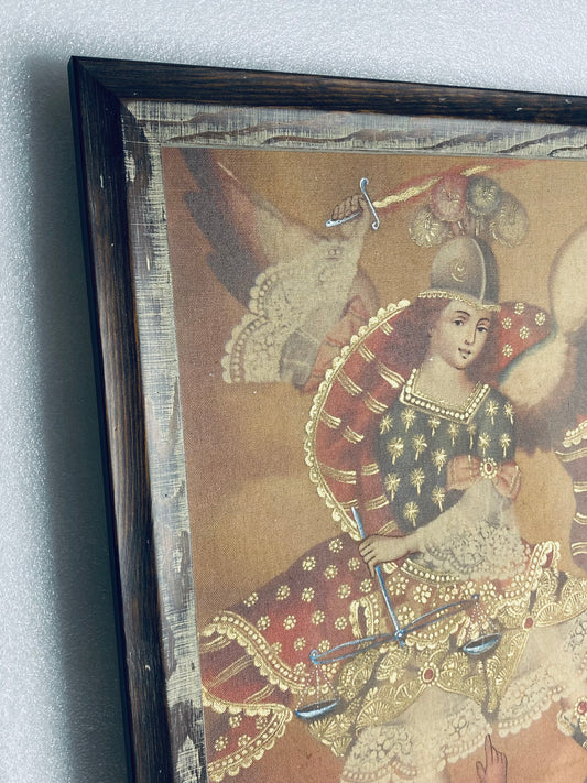 Religious Cusco Painting Michael Archangel Judging Satin, 26" x 18" x 1"