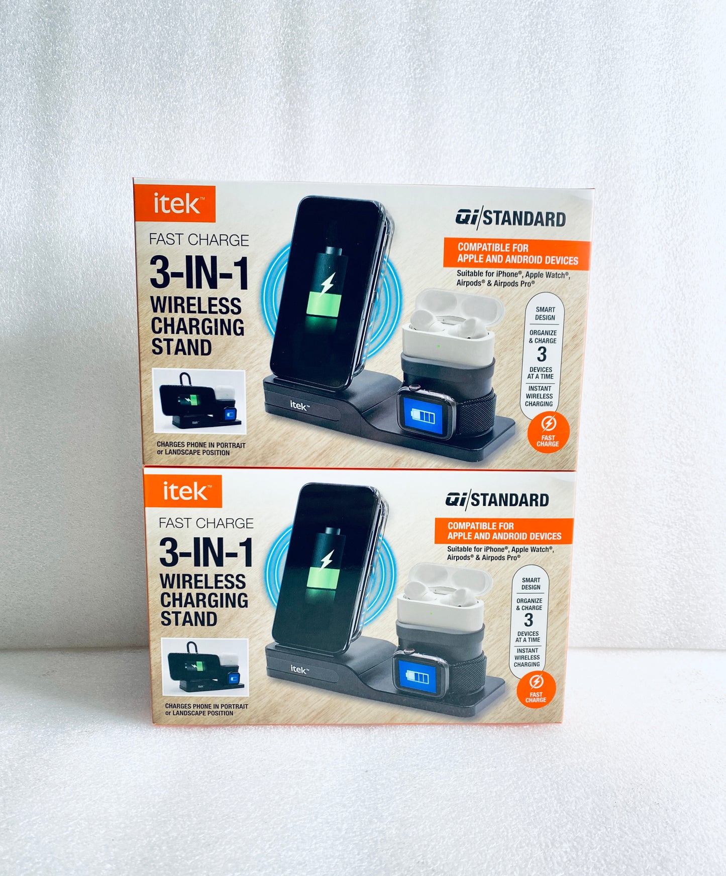 Lot Of 2 - New Itek 3-in-1 Qi Wireless Charging Stand, USB-C Cable, Black