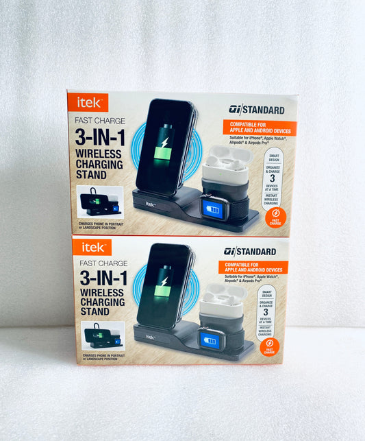 Lot Of 2 - New Itek 3-in-1 Qi Wireless Charging Stand, USB-C Cable, Black