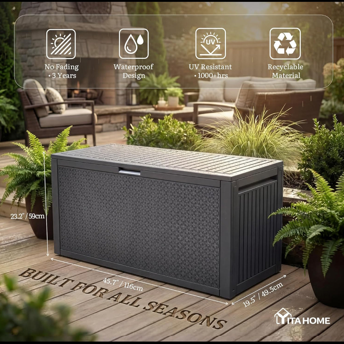 New Other YITAHOME 90 Gal Large Outdoor Lockable Deck Box W/ Handles, Dark Grey