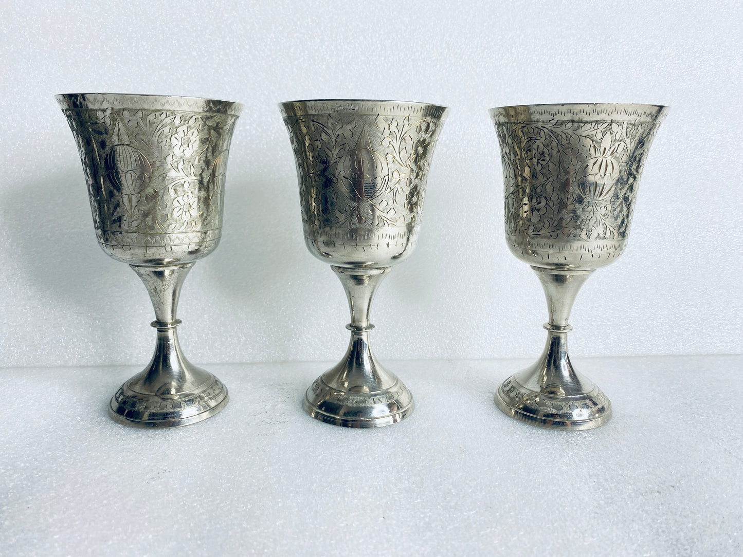 Lot Of 3 Vintage World Gift Z.Y. India Chalice Goblet Etched Brass Silver Plated