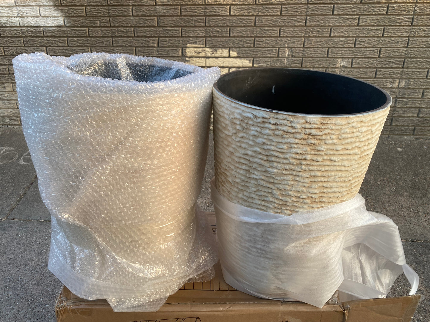 Set of 2 - New Worth 9 Gallon Tall Round Planters 14" Dia x 21" H, Beige
