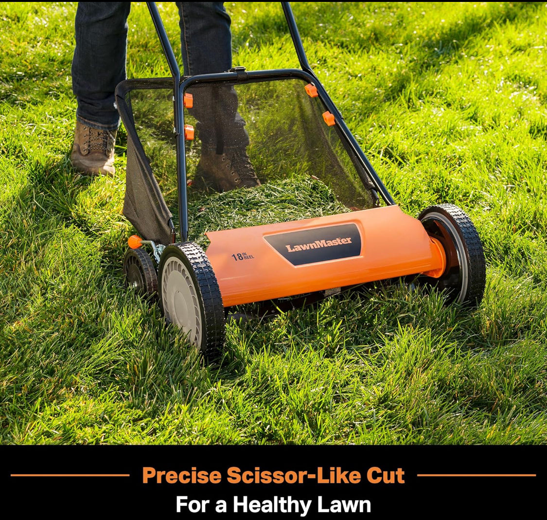 LawnMaster 18-Inch  5-Blade Push Reel Lawn Mower, Orange/Black