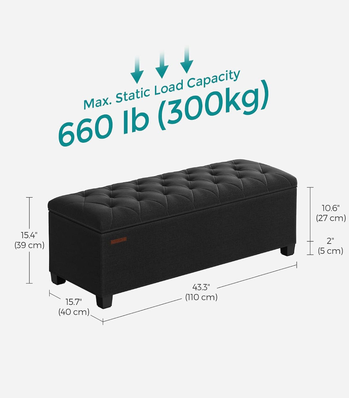 New Open Box SONGMICS 43" Storage Ottoman Bench/Foot Rest With Legs, Ink Black
