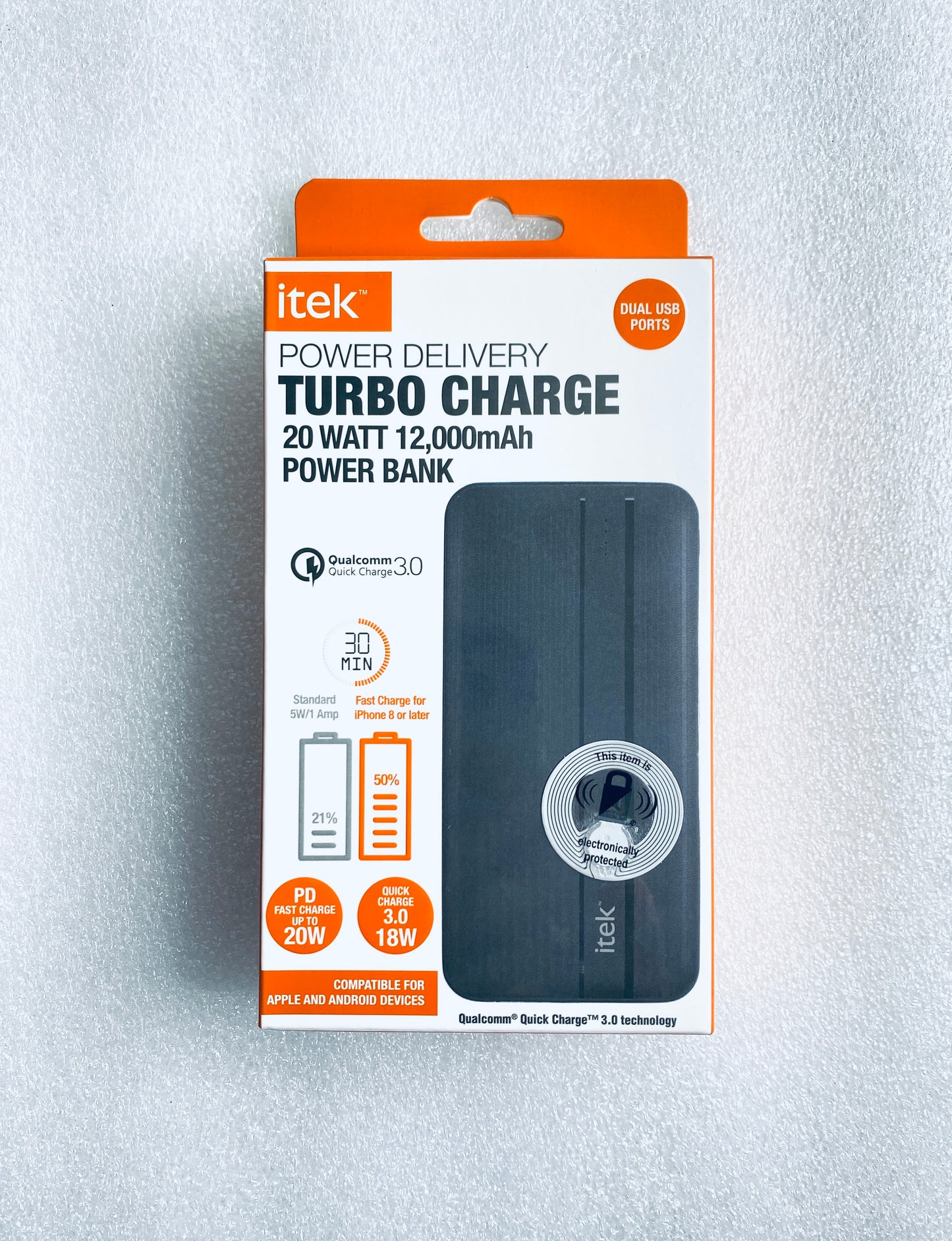New Itek Power Delivery Turbo Charge 20 Watt 12,000mAh Power Bank, Black