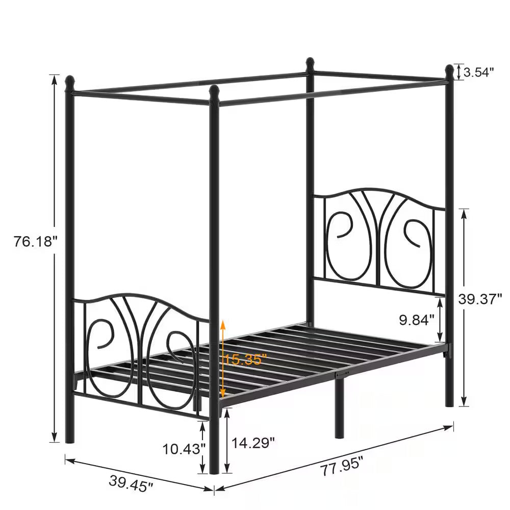 New Open Box Vecelo Twin Metal Canopy Bed Frame With Headboard, Black