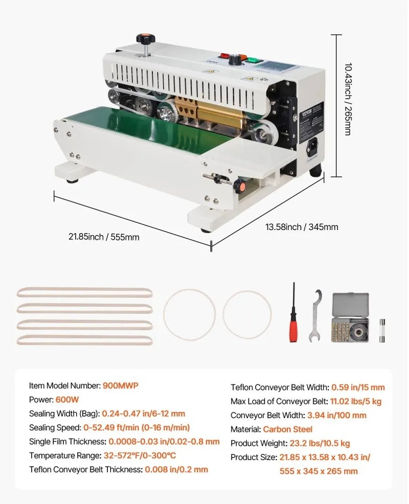New Open Box VEVOR Continuous Bag Band Sealing Machine With Temperature Control