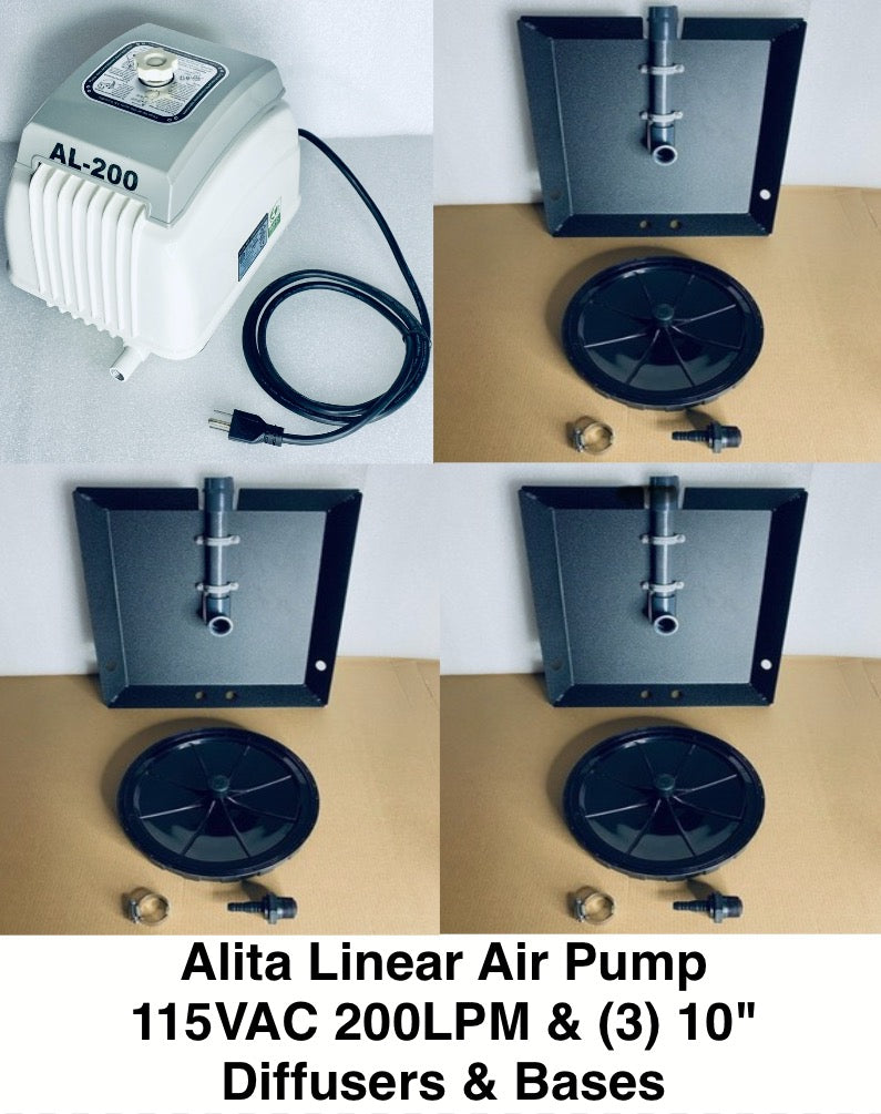 Lot Of New Other-Alita Linear Air Pump 115VAC 200LPM & (3) 10" Diffusers & Bases