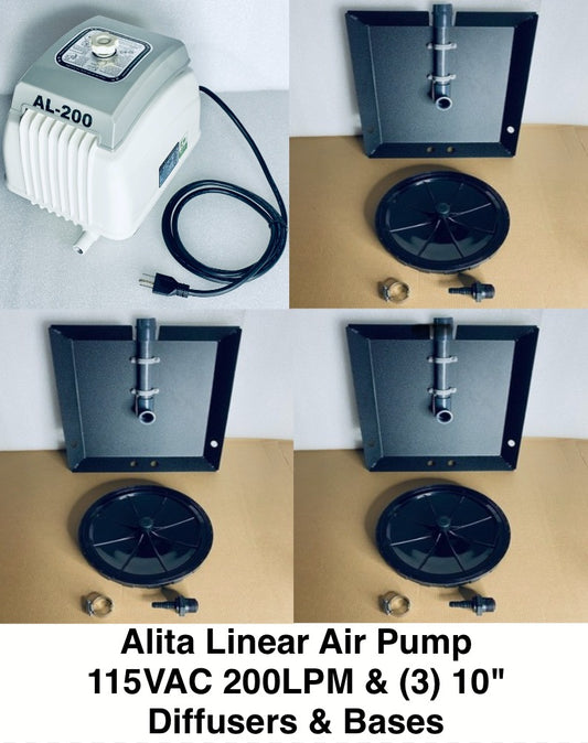 Lot Of New Other-Alita Linear Air Pump 115VAC 200LPM & (3) 10" Diffusers & Bases