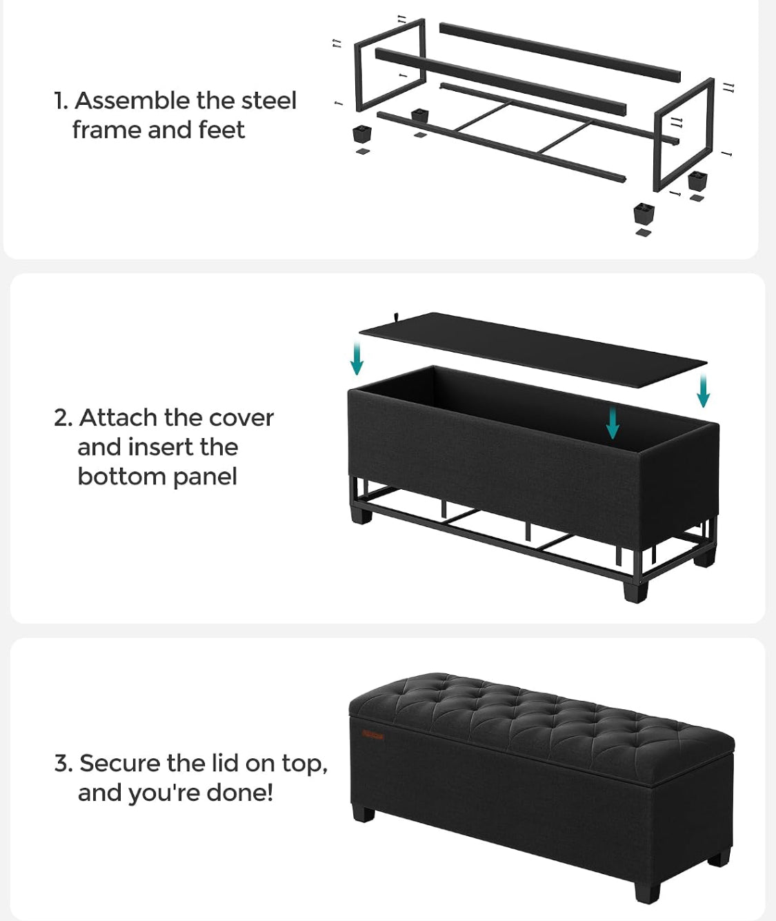 New Open Box SONGMICS 43" Storage Ottoman Bench/Foot Rest With Legs, Ink Black