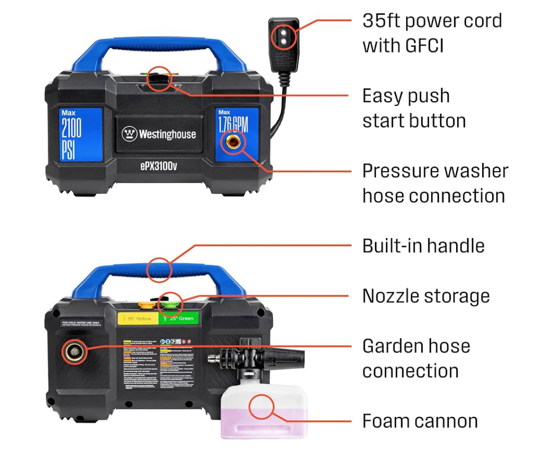Westinghouse Electric 2100 PSI&1.76 GPM Pressure Washer W/ Built-in Carry Handle