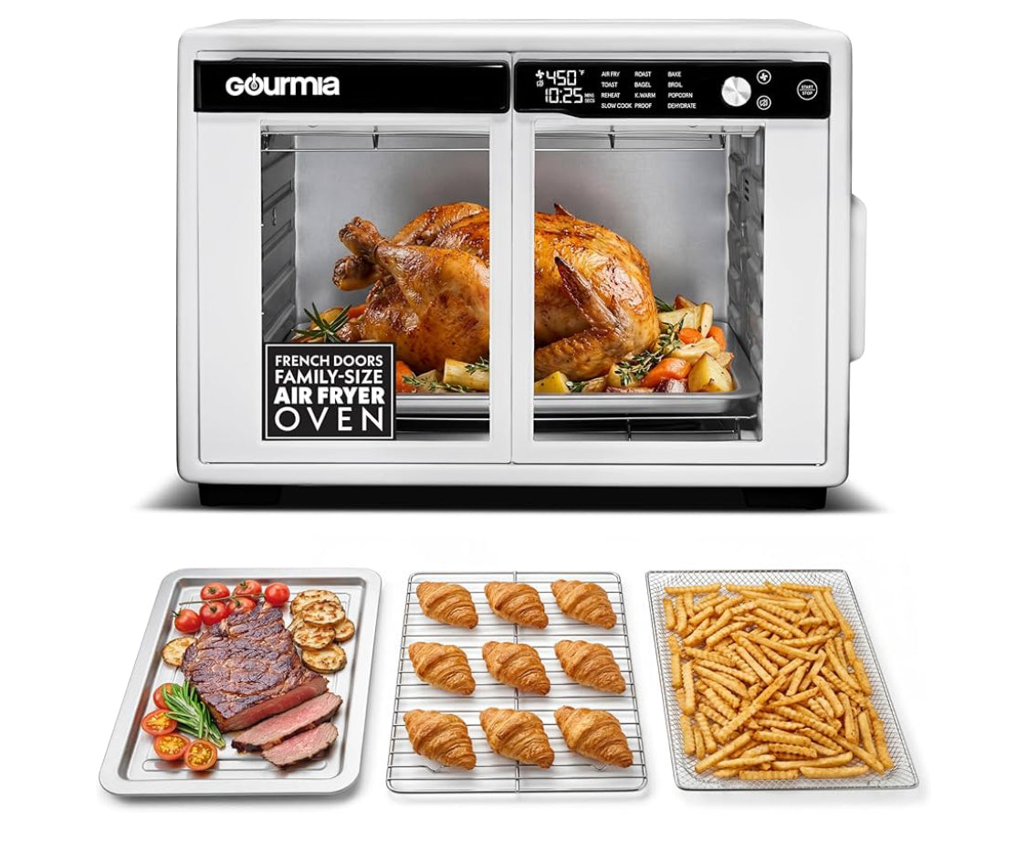 Like New Gourmia 27Qt French Door Air Fryer Oven With  FryForce 360°, White