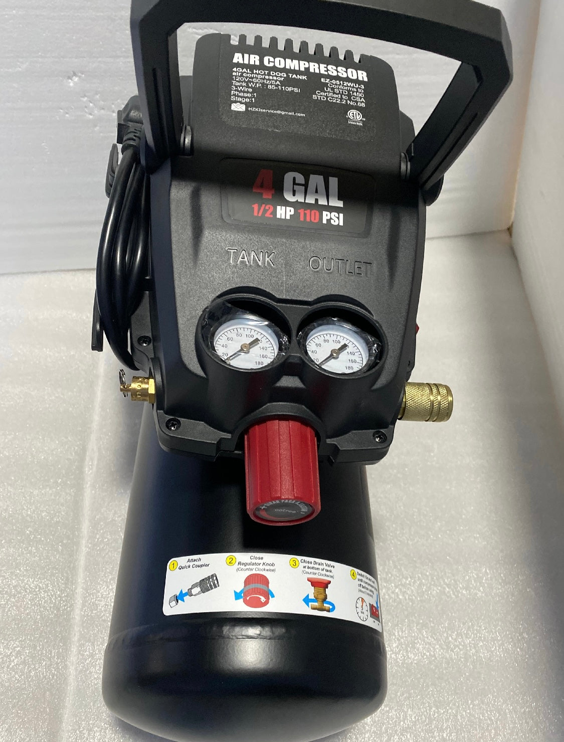 New Other 4 Gallon Portable Air Compressor With 0.5HP & Max 110PSI, Black