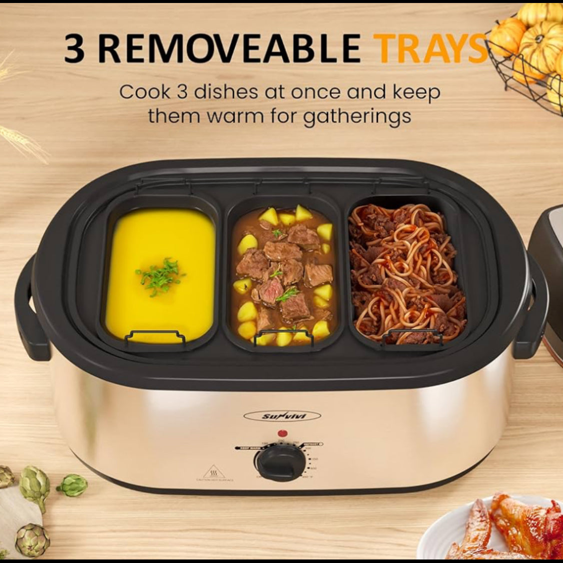 New Open Box Sunvivi 20QT Electric Roaster Oven W/ Removable 3-Bin Buffet Server