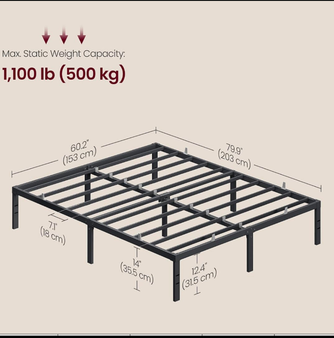 New Open Box VASAGLE 14” Tall Queen Metal Bed Frame With 1100lb Weight Capacity