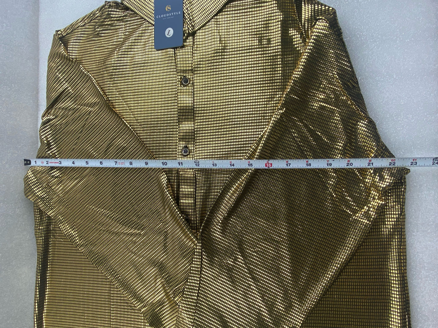 New CloudStyle Men's Large Glossy Fashion Gilded Check Lapel Long Sleeve Shirt