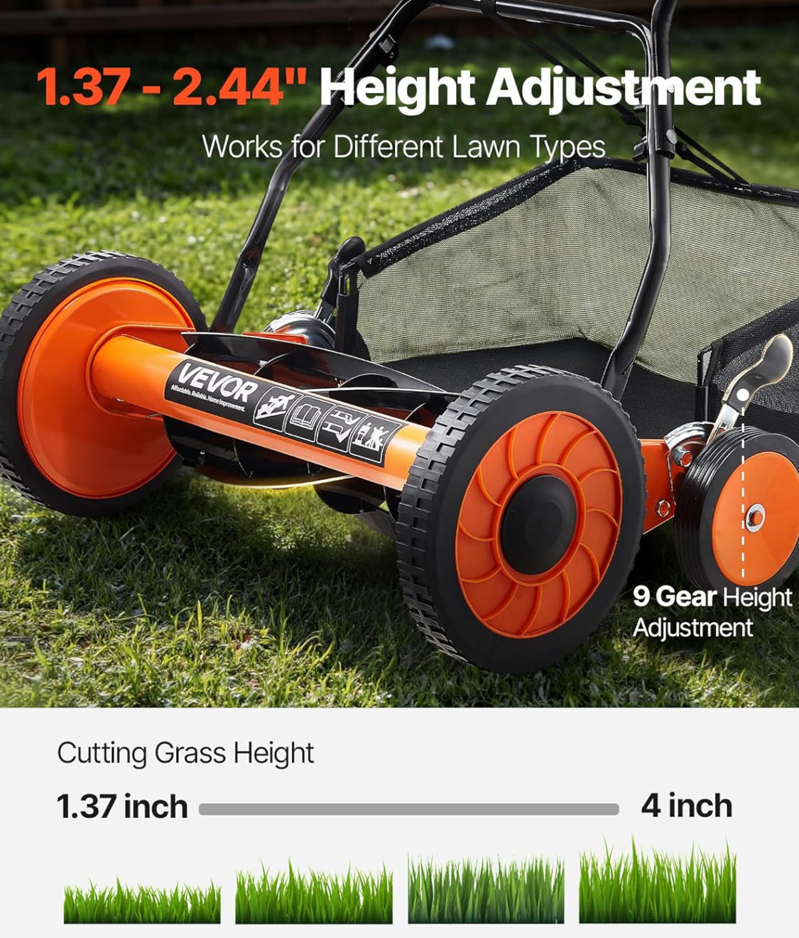 VEVOR 18” 5 Blade Height Adust Manual Push Reel Lawn Mower With & Catcher Bag