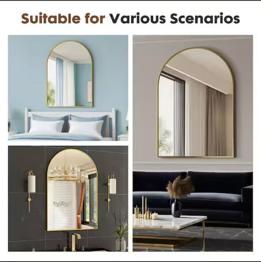 New Open Box Relyblo 26” W x 38” H Arched Framed Wall Mirror W/ Metal Frame Gold