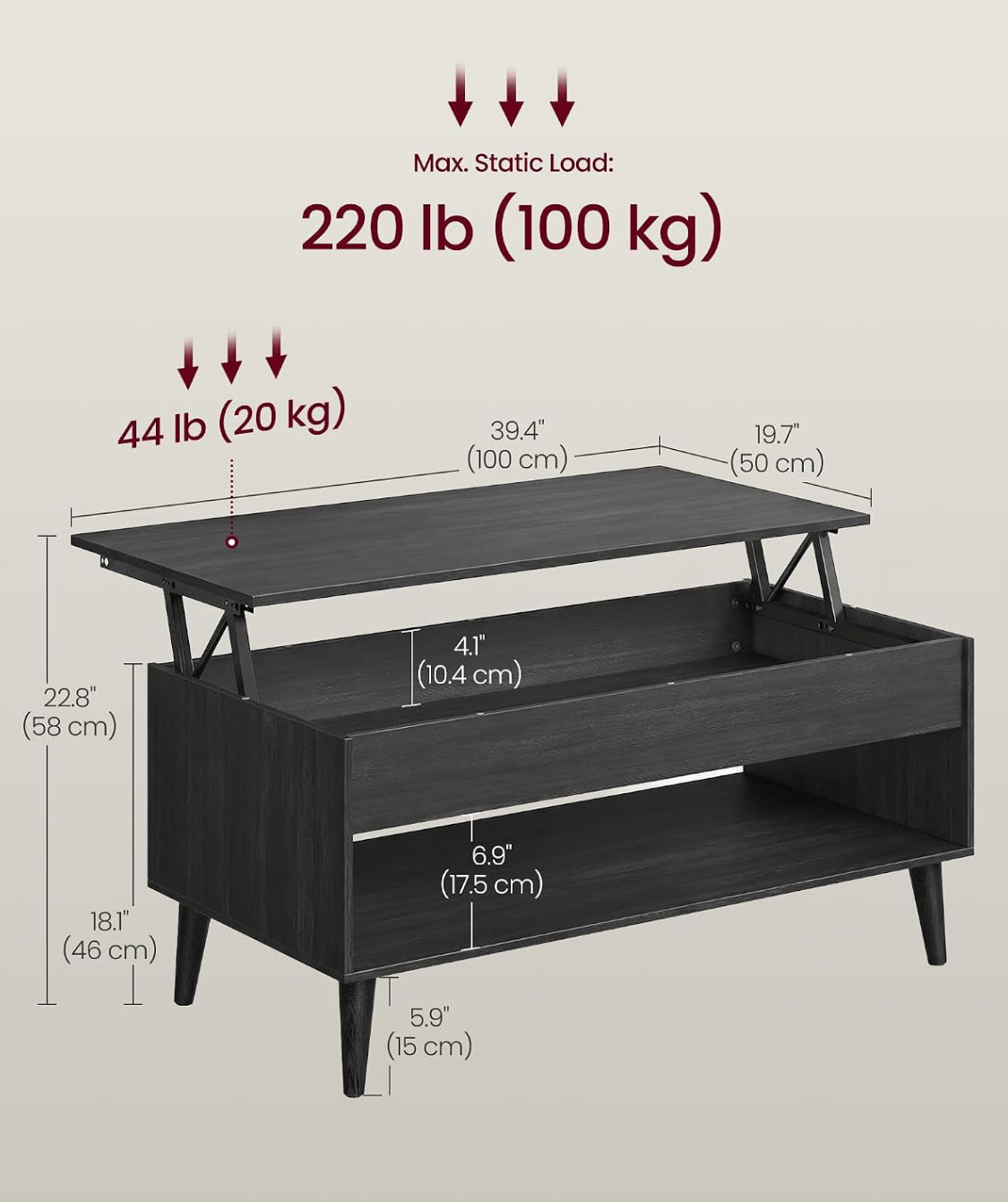 New Open Box VASAGLE Lift Top Coffee Table With Hidden Storage, Charcoal Gray