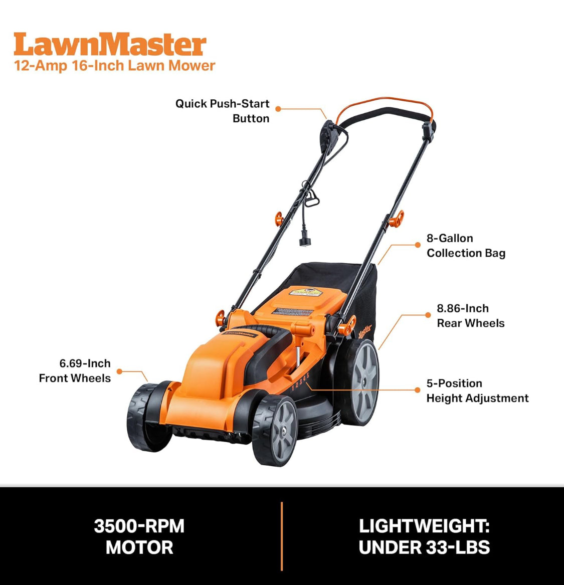 LawnMaster MEB1216K Electric Lawn Mower 16" 12AMP, Black & Orange