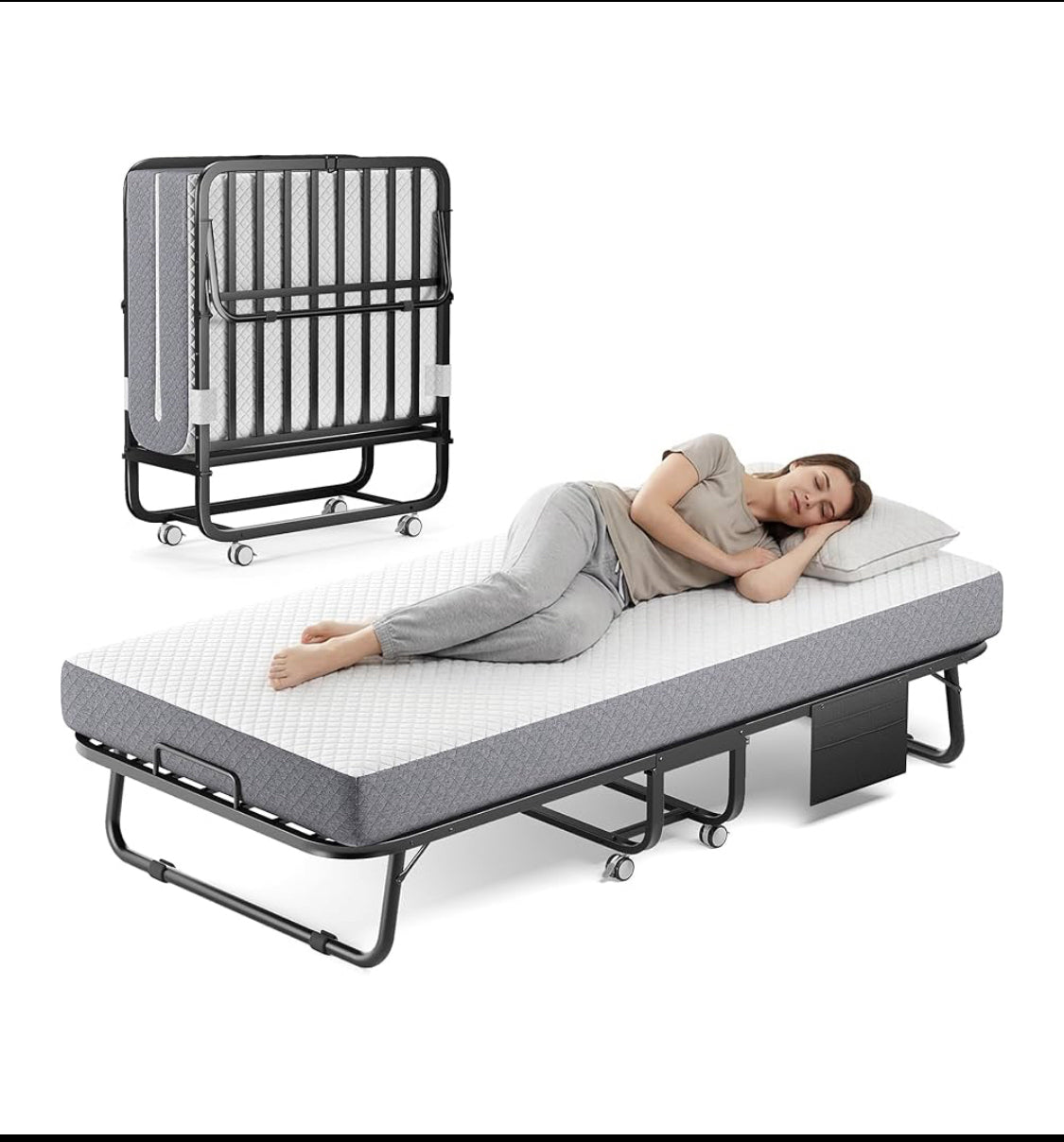 Like New Decofy Folding Twin Size Metal Frame Bed With Memory Foam Mattress