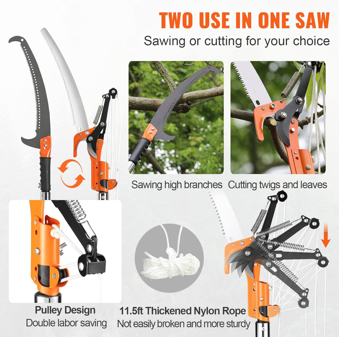 New Other VEVOR 7.3-27 ft Extendable Tree Pruner/Manual Pole Saw, Orange/Black