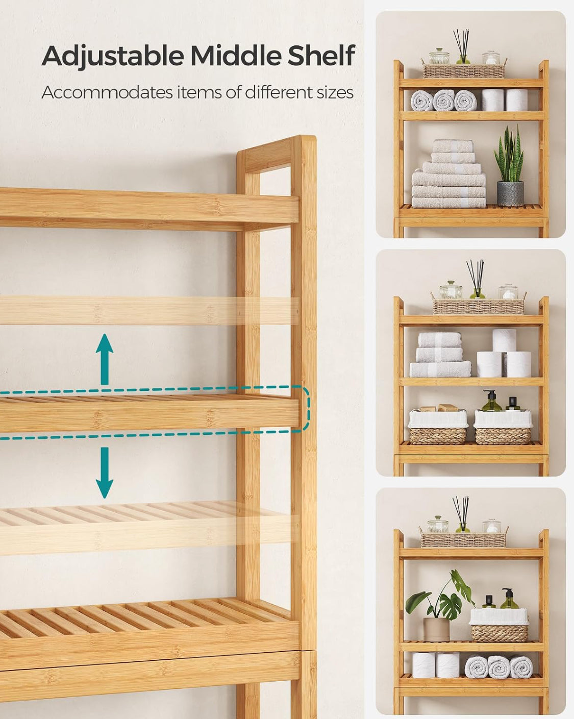 New Open Box SONGMICS 66.9''H 3-Tier Adjustable Bamboo Over The Toilet Storage
