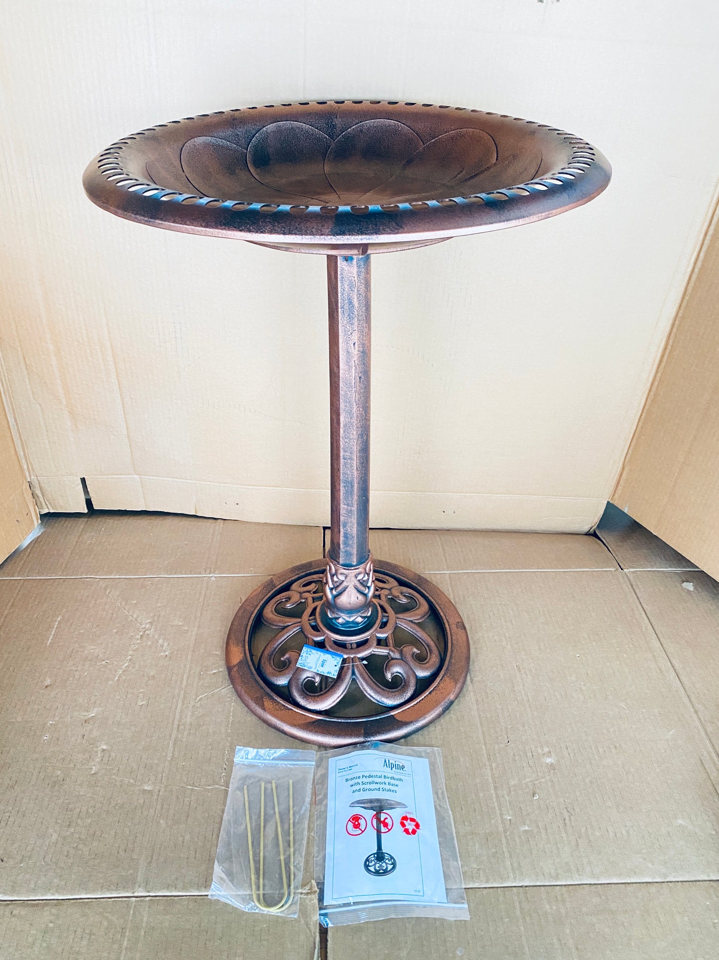 New Open Box Alpine 28" Pedestal Bird Bath With Scrollwork Base & Ground Stake