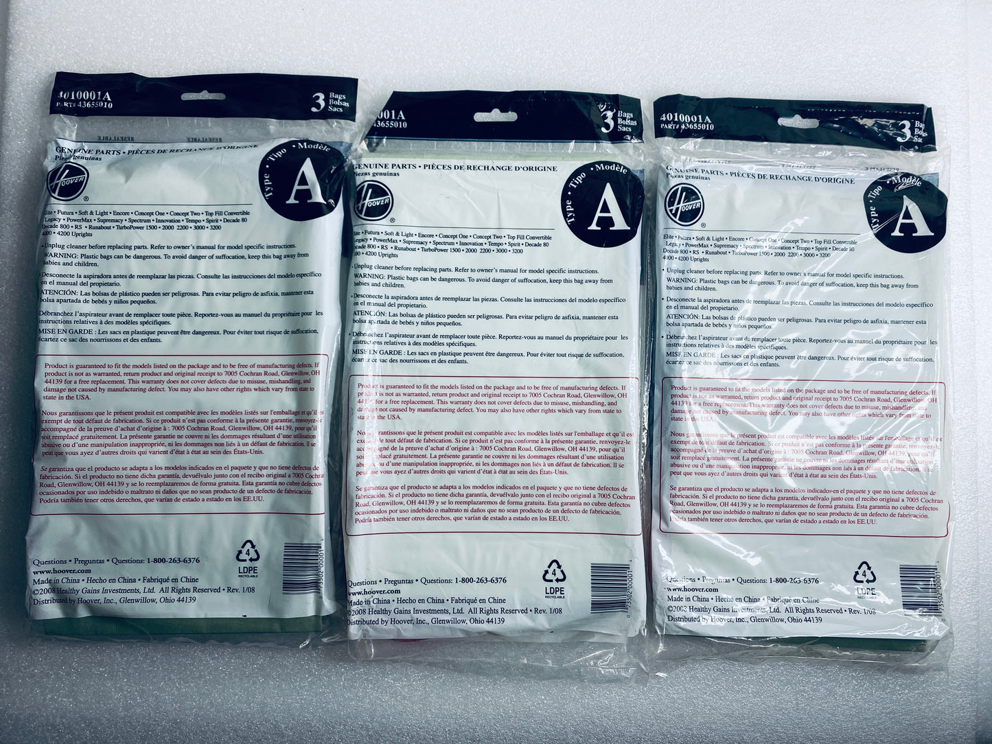 Set Of 9 New Hoover Type A "Genuine Parts" Vacuum Cleaner Bags 4010001A/43655010