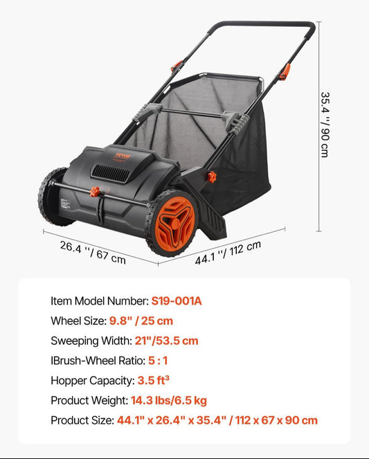 New Other Vevor 21in. Push Lawn Sweeper For Leaves & Grass, Black/Orange