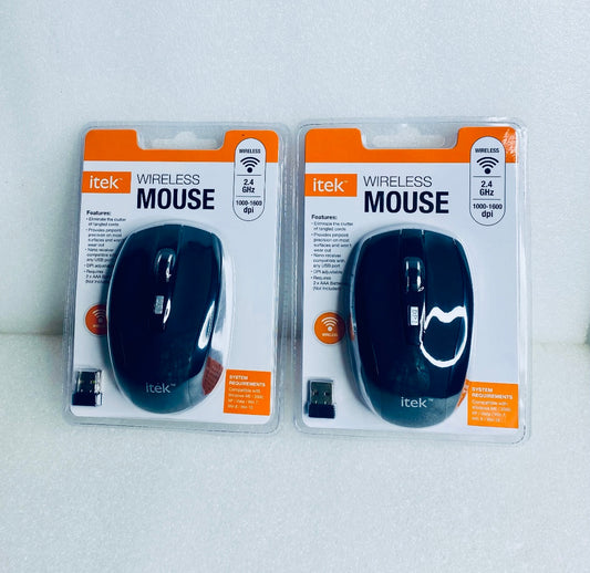 Lot Of 2 - New Itek Black Wireless 2.4GHz Mouse, 1000-1600 dpi, WM-6/1910