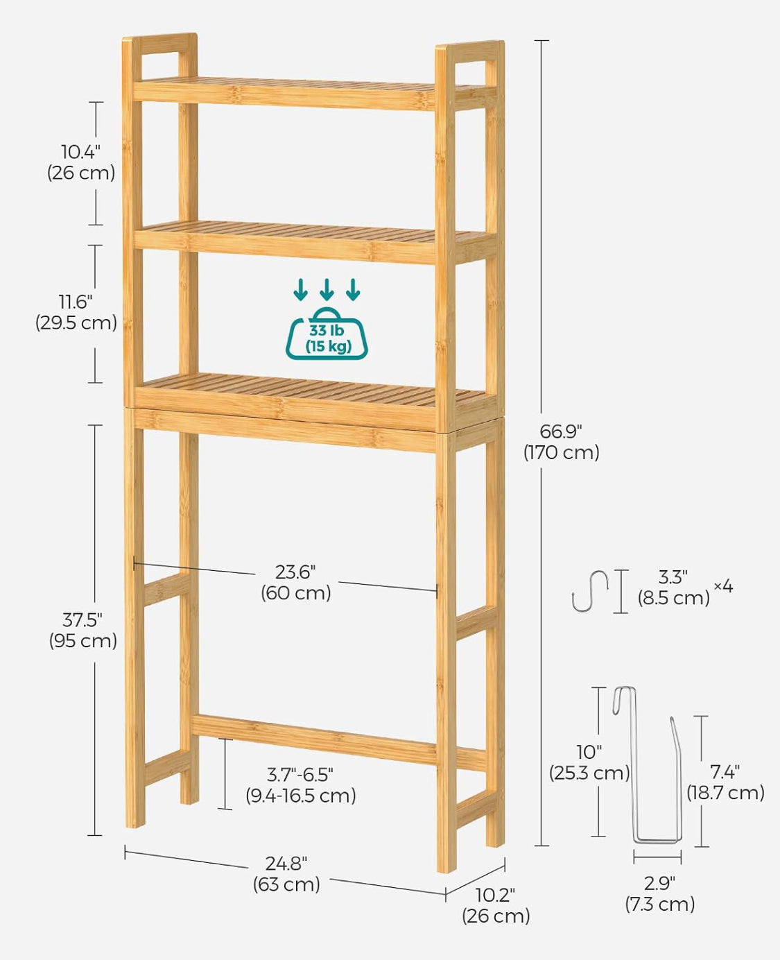 New Open Box SONGMICS 66.9''H 3-Tier Adjustable Bamboo Over The Toilet Storage