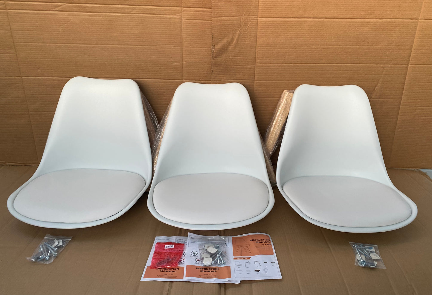 Set Of 3 - New Modern Dining Chairs With Wood Legs & Leather Upholstery