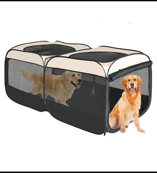 Like New Eighteentek 73.5” Dog/Cat Pop Up Playpen, Beige/Black