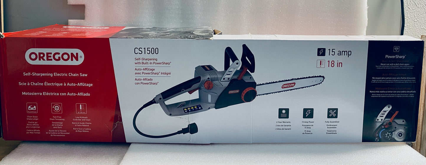 New Open Box Oregon CS1500 Self-Sharpening Electric Chain Saw With 18” Bar