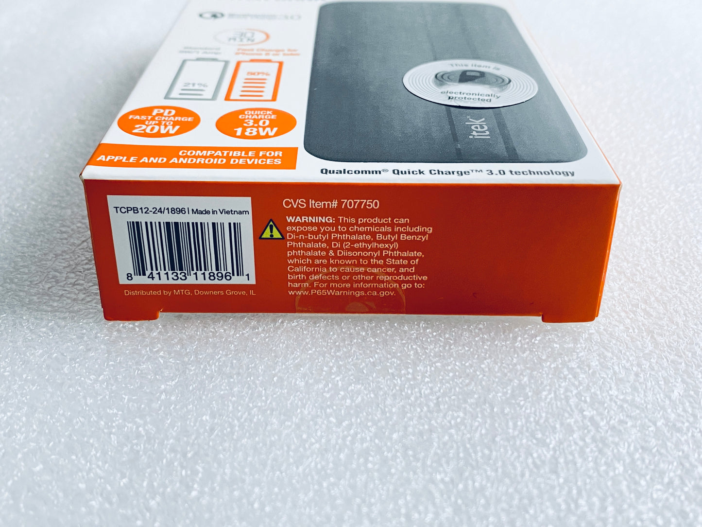 New Itek Power Delivery Turbo Charge 20 Watt 12,000mAh Power Bank, Black