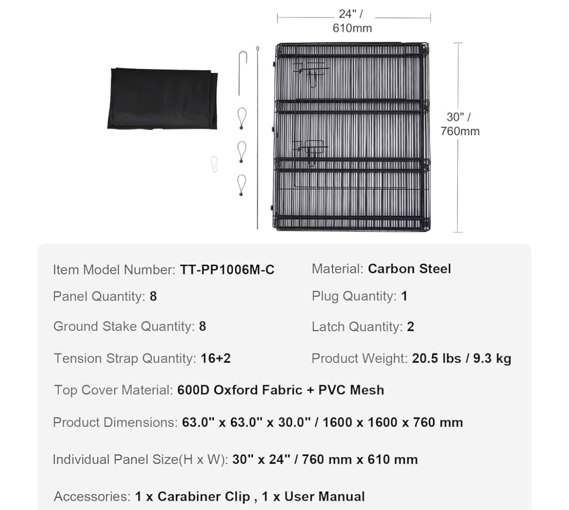 New Other VEVOR 8Pc 30"Hx24"W Foldable Dog Playpen With Fabric Top Cover, Black