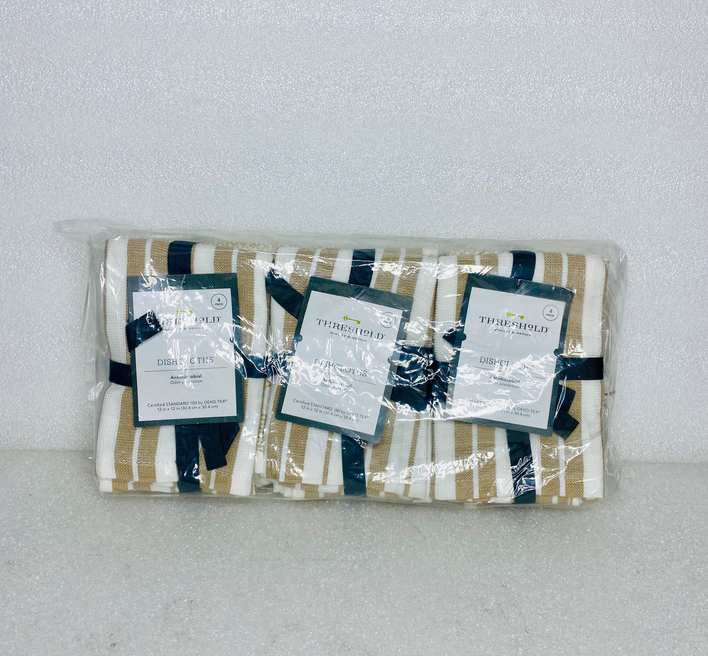 Lot Of 12 - New Threshold Antimicrobial Dishcloths, 12" x 12", Taupe & White
