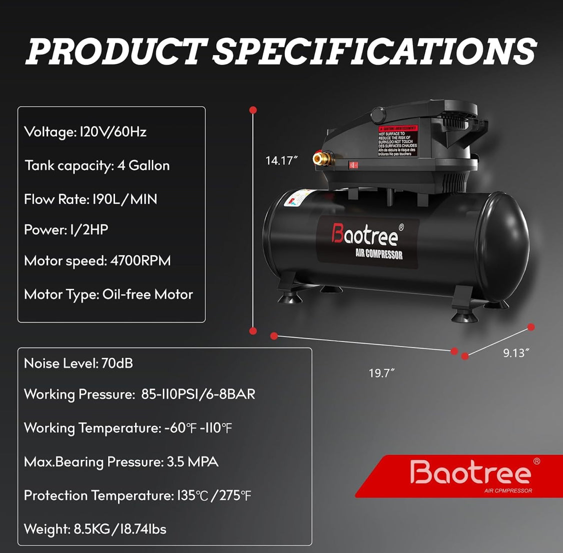 New Other 4 Gallon Portable Air Compressor With 0.5HP & Max 110PSI, Black