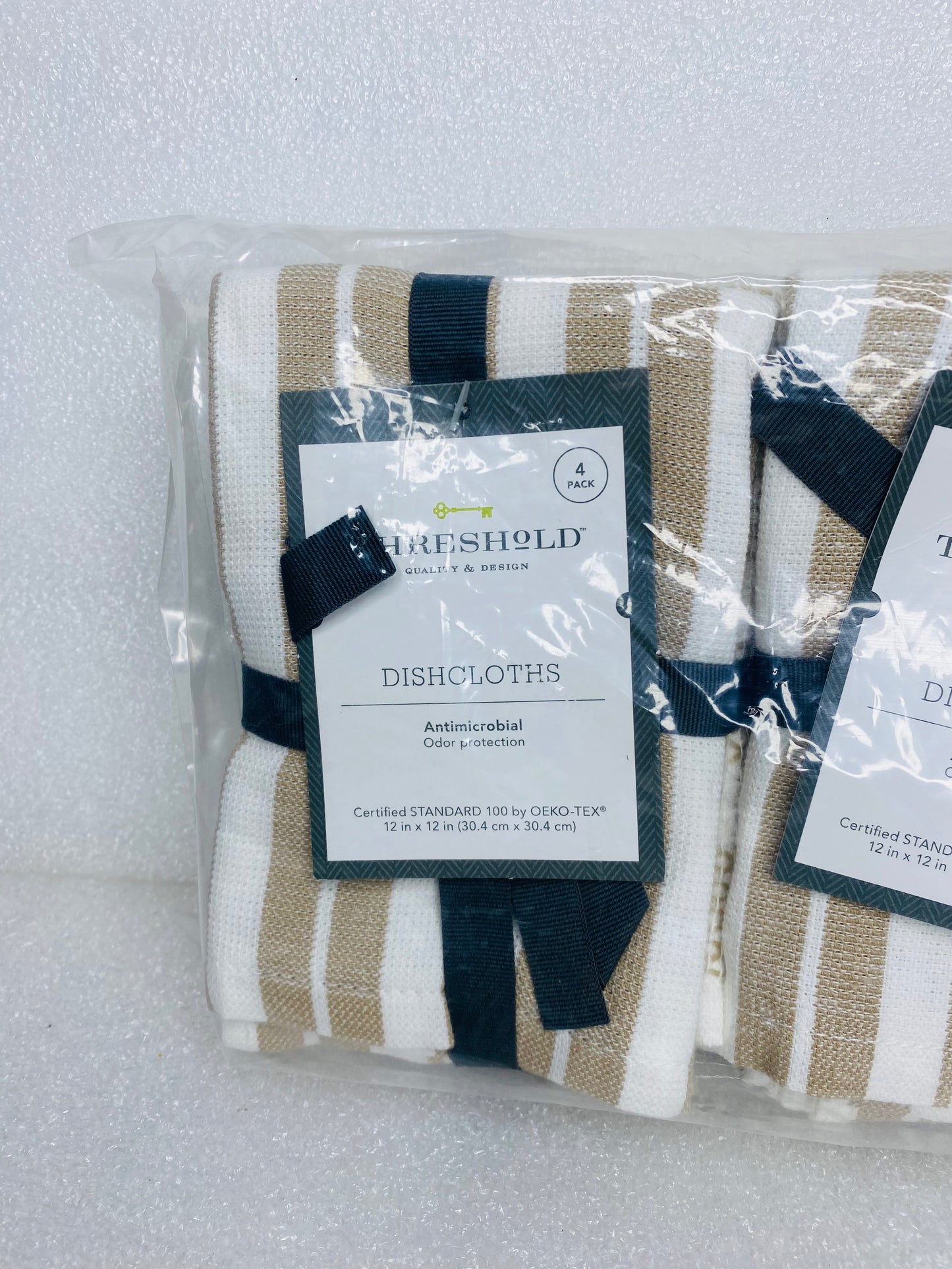 Lot Of 12 - New Threshold Antimicrobial Dishcloths, 12" x 12", Taupe & White