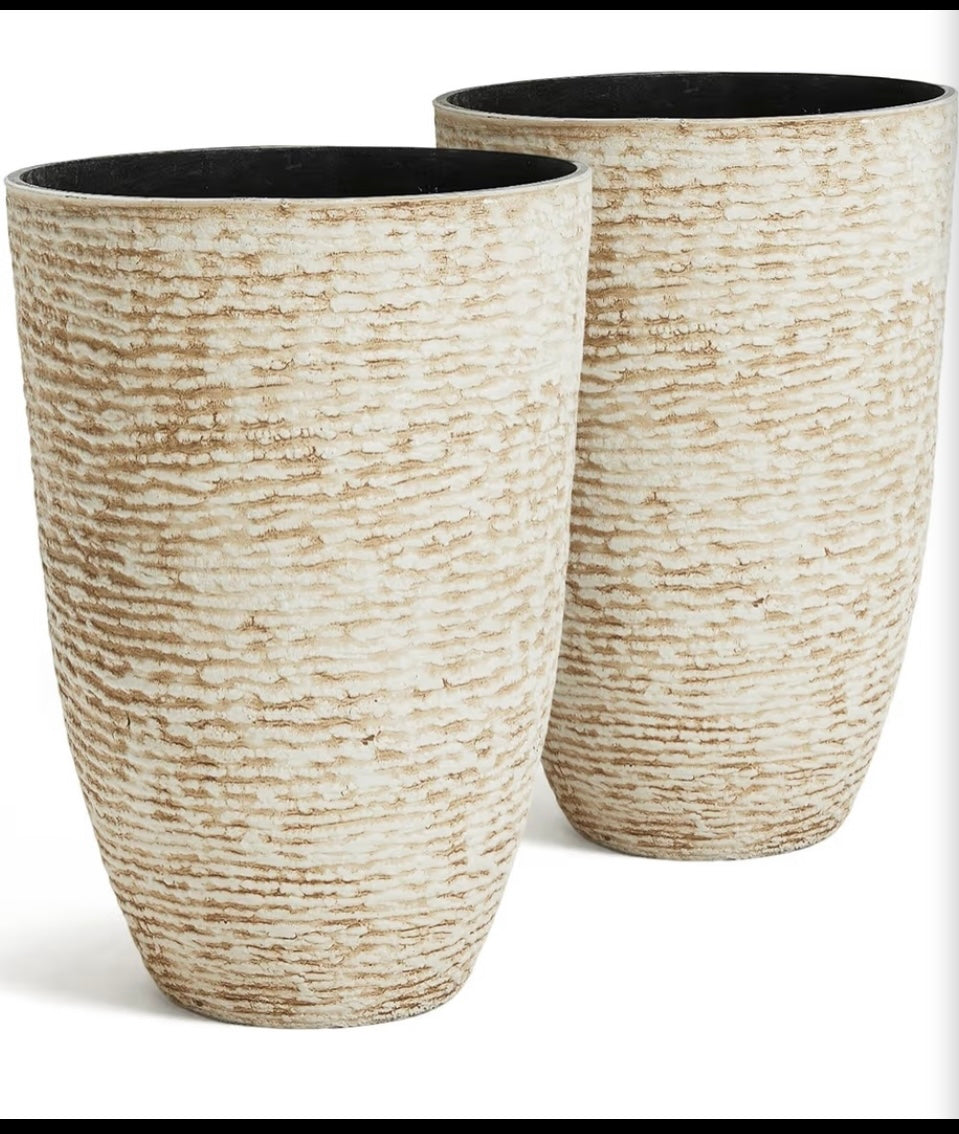 Set of 2 - New Worth 9 Gallon Tall Round Planters 14" Dia x 21" H, Beige