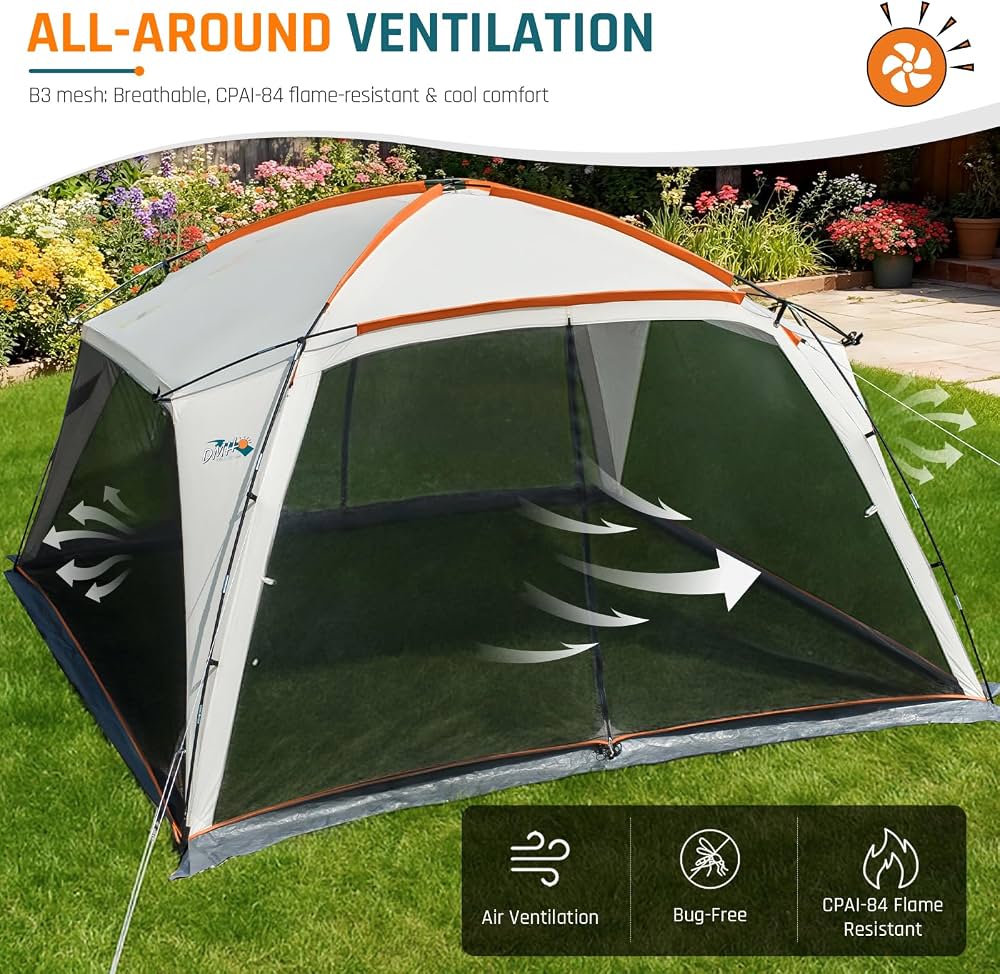 Like New DMH Outdoors 12’x12’ Screen House Tent With Mesh Walls & 2 Zipper Doors