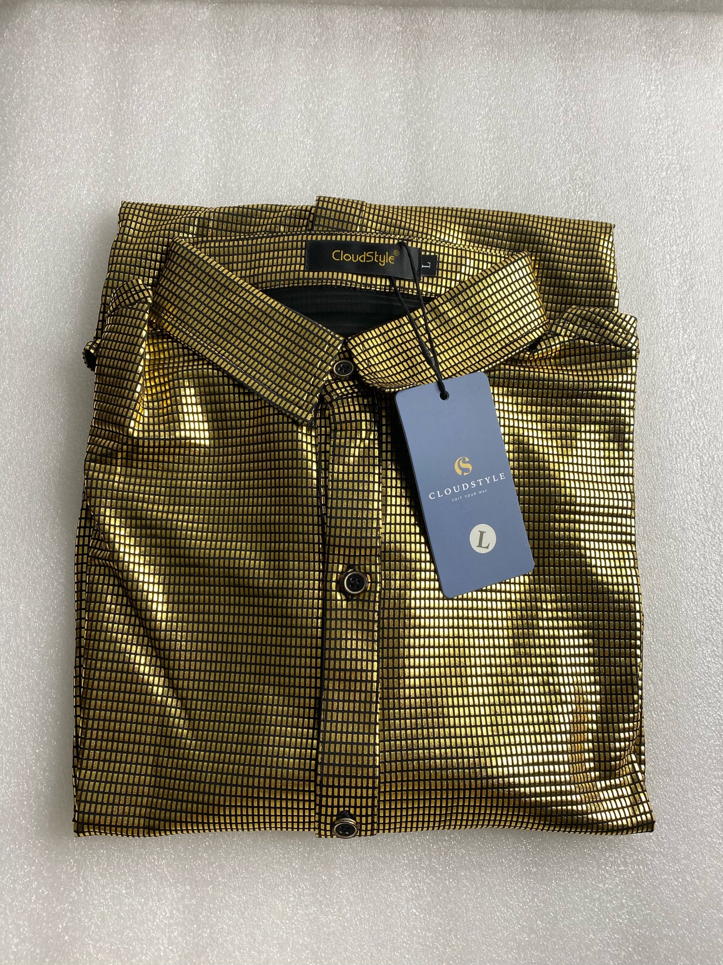 New CloudStyle Men's Large Glossy Fashion Gilded Check Lapel Long Sleeve Shirt